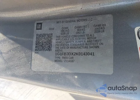 2019 Chevrolet Camaro 1Lt z USA, uszkodzony, nr VIN 1G1FB3DX2K0143041